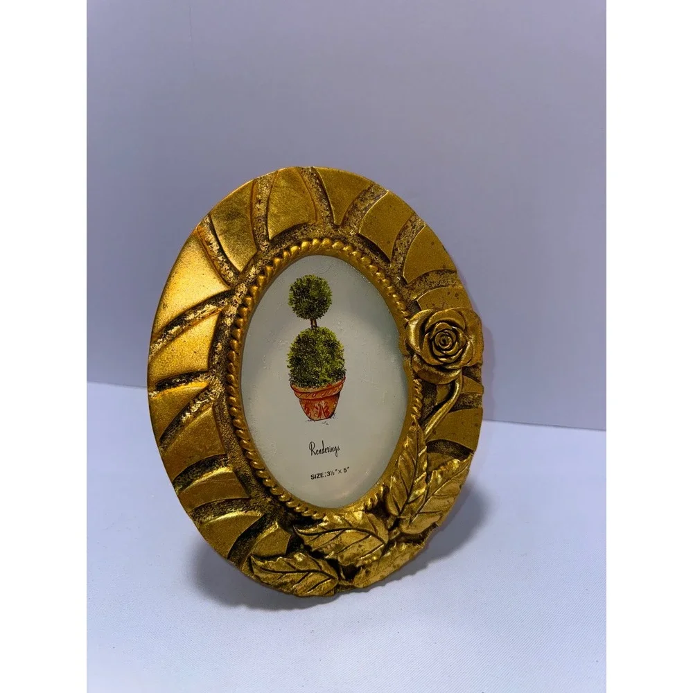 Vintage Gold Oval Picture Frame Rose Floral Ornate Tabletop 3.5x5 Photo Size